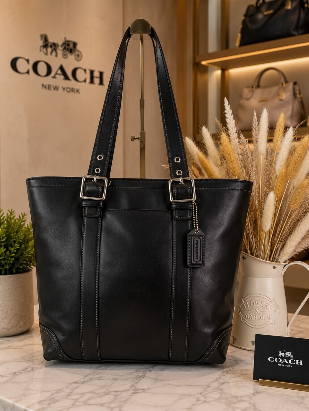 COACH VINTAGE HAMPTON BLACK SHOULDER BAG TOTE SMOOTH LEATHER PURSE WORK